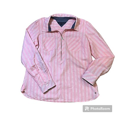 #ad Tommy Hilfiger Womens Shirt Pink Medium Striped Pockets Half Zip Roll Tab