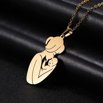 #ad Gold Mother and Baby Women Heart Stainless Steel Necklace