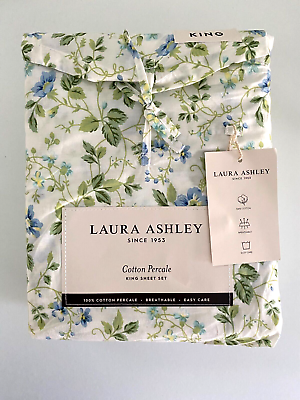 #ad NIP Laura Ashley Green Blue KING King Sheet Set 4 PCS 100% Cotton Flowers Luxury $66.49