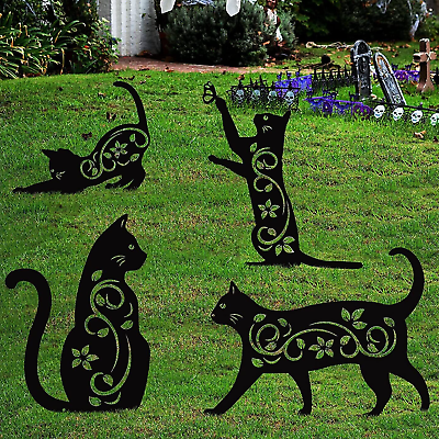 #ad 4 pc Metal Black Cat Silhouette Yard Decoration Cute Signs Garden Bird Repellant