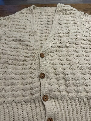 #ad VTG 1970s Gorgeous and Soft Handmade Crochet Ivory Cardigan with Wooden Buttons