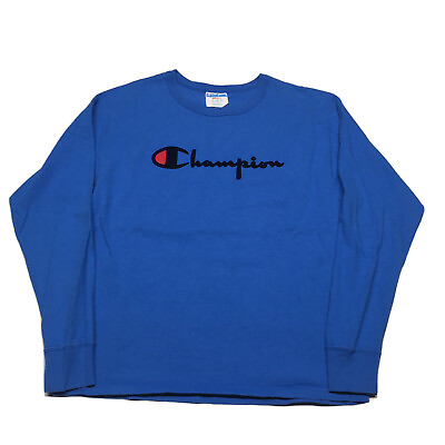 #ad Champion Script Logo T Shirt Men’s Small Blue Long Sleeve Hip Hop Vintage Style