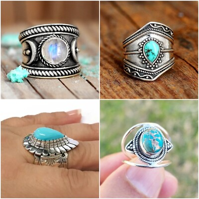 #ad Vintage 925 Silver Turquoise Rings Women Wedding Party Jewelry Ring Gift Sz 6 10