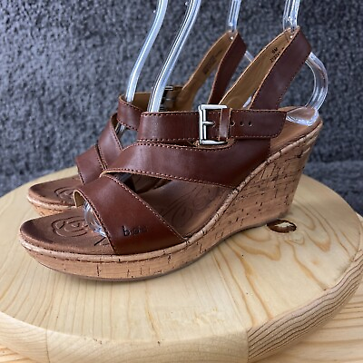 #ad BOC Born Concept Leather Wedge Sandals Womens 9 Cork Heel Brown Strappy Open Toe