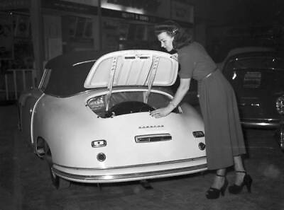 #ad Model Admires Boot Of Porsche Motor Car At 1951 Motor Show 1951 Old Photo
