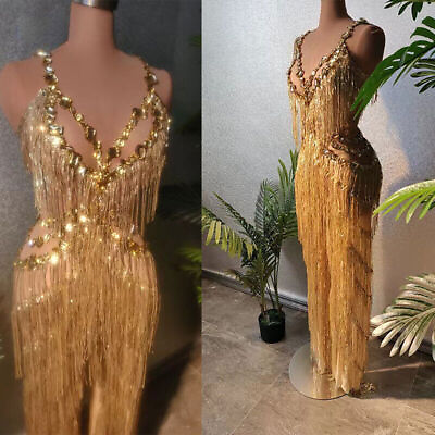 #ad Women Gold Rhinestone Tassel Long Dress Performance Stage Wear Party Costume
