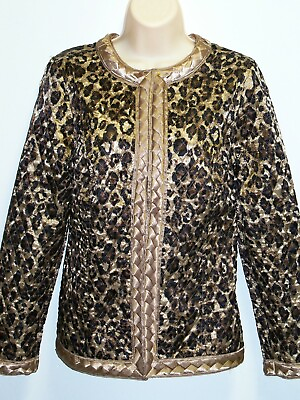 #ad Chico#x27;s NEW Size 0 Glamorous Gold Reversible Quilted Animal Print Open Jacket