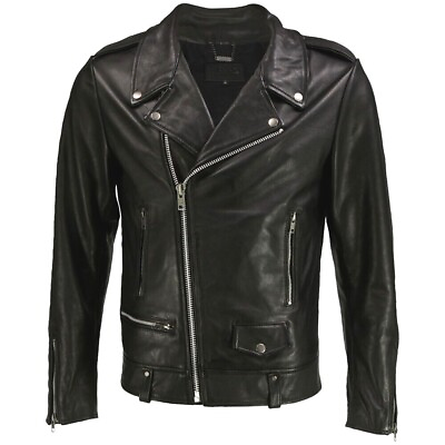 #ad New Mens Brando Sheepskin Black Leather Jacket Asymmetrical Biker Motorcycle