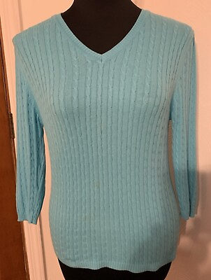 #ad Splendor Womens Pullover Sweater Size S P Blue Teal 3 4 Sleeve Cable Knit