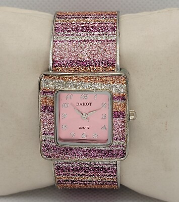 #ad Ladies Trendy Square Silver Tone Pink Dial Glitter Case Cuff Bracelet Watch L2