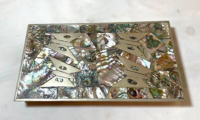 #ad antique handmade silver plate abalone shell Taxco Mexico butterfly cigarette box