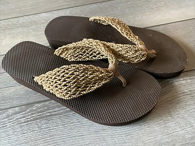 #ad Women’s Flip Flip Sandals Shoes Gold brown Knit sparkly Sz 10 Large Beach Pool