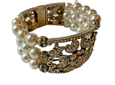 #ad Vintage 3 strand pearl crystal cubic zirconia magnetic closure Bracelet ornate