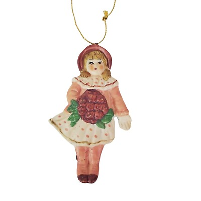 #ad Small Victorian Girl Holding Roses Flowers Christmas Tree Ornament Ceramic 4quot;