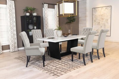 #ad 7 PC WHITE MARBLE DINING TABLE SAND VELVET CHAIRS DINING ROOM FURNITURE SET