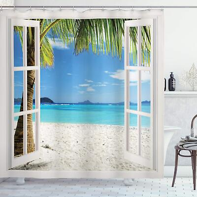 #ad Turquoise Shower Curtain Beach Home Tropical Palms on Island Ocean Through Wh...