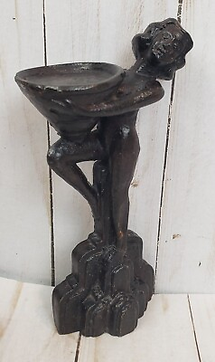 #ad Art Deco Metal Women Statue Figurine Holding a Bowl Antique Black 6.5quot;