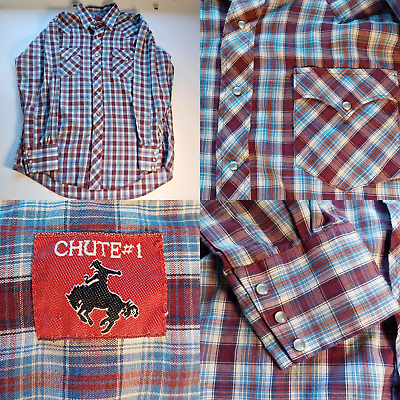 #ad Vintage Chute #1 Shirt Mens Large Plaid Pearl Snap Western Wear Cowboy