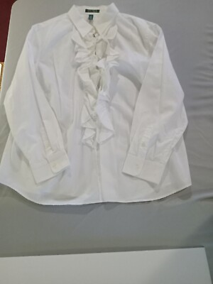 #ad Ralph Lauren White Womens 3x Ruffle Front Button Up Career Long Sleeve Blouse