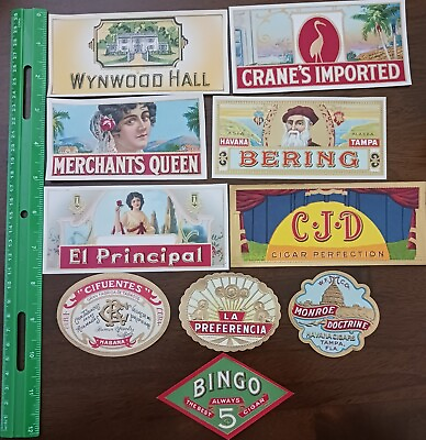 #ad CIGAR BOX LABELS LOT OF 10 CIGAR END LABELS USED #096