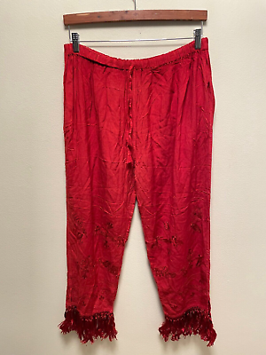 #ad Womens Wide Leg Pants Free Size Red Rayon Pull On Tassel Floral Embroidered Boho