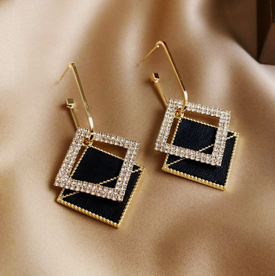#ad Fashion Black Gold Plated Geometric Crystal Ear Stud Earrings Drop Dangle Women