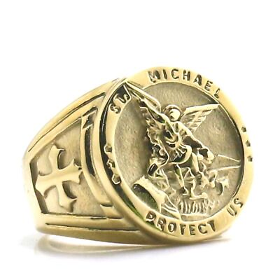 #ad Saint Michael Ring Gold Color Cross Rings Mens Christian Catholic Jewelries