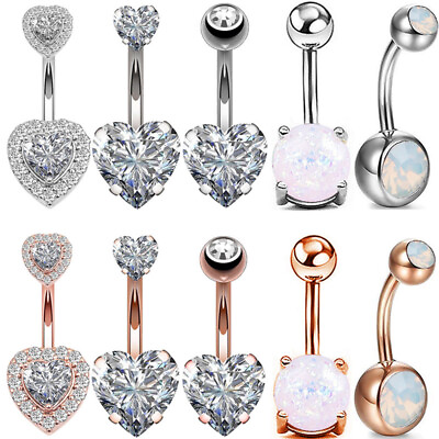 #ad Opal CZ Belly Button Ring Surgical Steel Navel Bar Barbells Body Piercing 14G