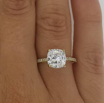 #ad 3.25 Ct Cathedral Pave Cushion Cut Diamond Engagement Ring VS1 F Yellow Gold 14k
