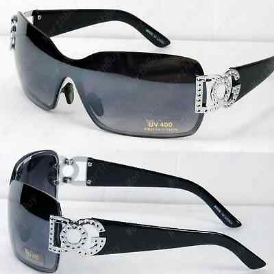 #ad New WB Womens Sunglasses Shades Shield One lens Silver Black Retro Fashion Wrap