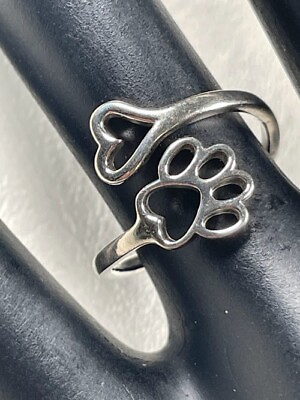 #ad 925 STERLING SILVER PAW PRINT HEART WRAP RING SIZE 7 ADJUSTS PUPPY LOVE 893