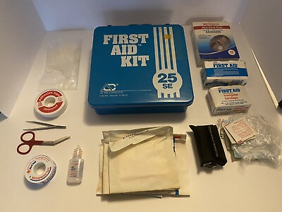 #ad Vintage blue ACME INDUSTRIAL FIRST AID KIT #25 metal wall box FULL of contents