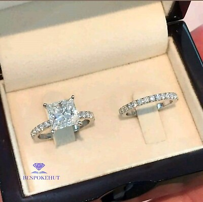 #ad Bridal Set Genuine Moissanite Engagement Ring 14K White Gold 3 CT Princess Cut