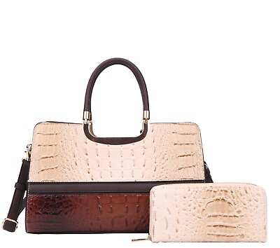 #ad Women#x27;s 2pcs Beige Crocodile Pattern Handbag and Wallet Set