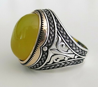 #ad 925 Sterling Silver Natural Agate Yellow Color Oval gems In All Size Ring N 36
