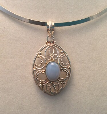 #ad Natural Smooth Sky Blue Larimar 925 Sterling Silver Large Scrolled Pendant