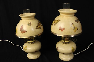 #ad Pair Vintage Hurricane Lamps with Butterflies Pretty