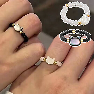 #ad Women Cute Black White Cat Ring Fashion Stone Beaded Adjustable Animal Rings