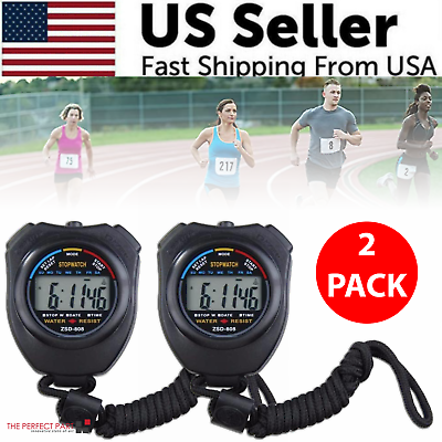 #ad 2PCS SET Digital Stopwatch Sports Counter Chronograph Date Timer Odometer Watch