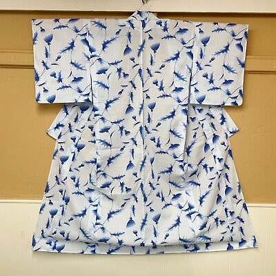 #ad Vintage Japanese Summer Kimono Sky Blue Navy Flower Pattern Yukata