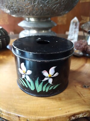 #ad Vintage hand painted toleware tin. twine string holder box. Primitive Tole