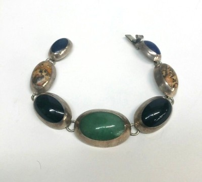 #ad Sterling Silver 925 Mexico TT ED Bracelet Gemstone Onyx Lapis Jade