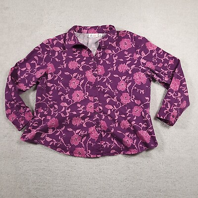 #ad Denim Co Button Up Shirt Women#x27;s 2X Plus Purple Floral Print Long Sleeve V Neck