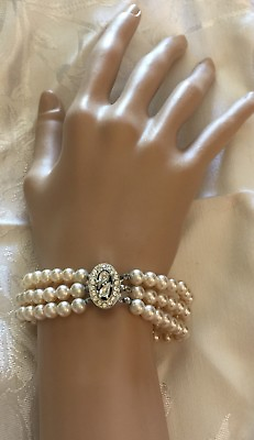 #ad Vintage Cultured Pearl 3 Strand Bracelet Pear Rhinestones 7 3 8quot; Jewelry Bridal