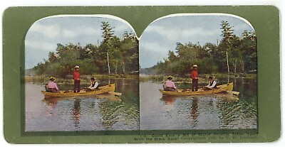 #ad c1900#x27;s Color Stereoview Men amp; Women Fishing in a Row Boat for Black Bass