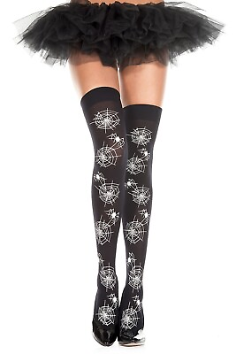 #ad Black Opaque Spider Web Print Thigh High Stockings Ravewear Pride Festival $10.99