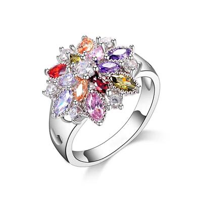 #ad Women 925 Sterling Silver Color Jewelry Colourful Cubic Zirconia Flower Design