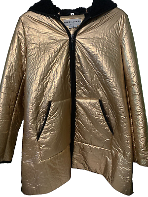 #ad Nikki Jones Montreal Gold Metallic Coat Fully Lined in Black Faux Fur Hooded SP