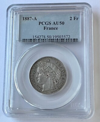 #ad 1887 A France Silver 2 Francs Gad 530a PCGS AU 50 Toned $188.88