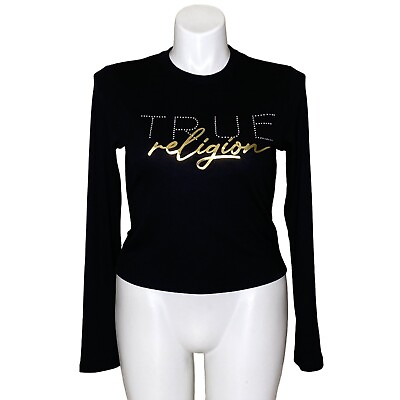 #ad True Religion NWT Jet Black Ribbed Pullover Rhinestone Gold Logo Women#x27;s Size L